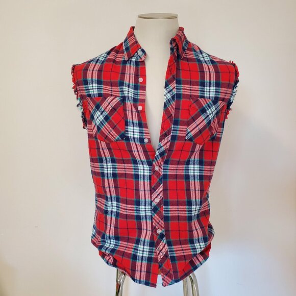 Sleeveless Plaid Red Blue Green Button Down Shirt - Picture 1 of 8
